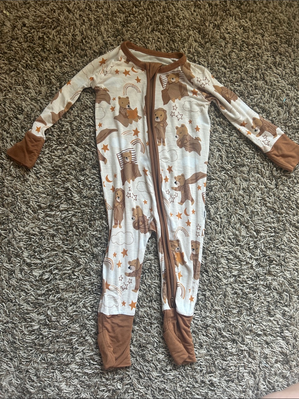 Little Sleepies Brown Bear Print Footed Pajamas in White and Brown